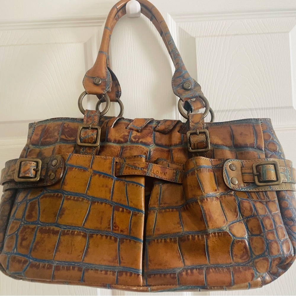 Plinio Visona Brown Alligator Leather Top Handle Shoulder Bag - Picture 3 of 11